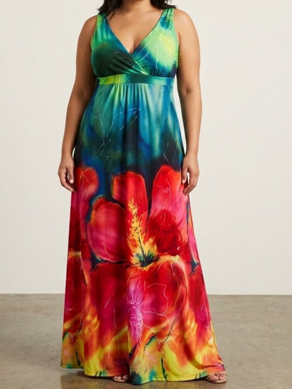 Ronni Nicole Watercolor Floral Tropical Maxi Dress Size 14 V-Neck Gradient